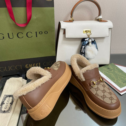 GG LOAFER IN PEANUT BROWN JACQUARD AND CHOCOLATE BROWN CALFSKIN WITH BEIGE WOOL LINING