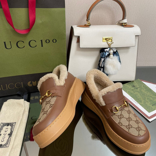 GG LOAFER IN PEANUT BROWN JACQUARD AND CHOCOLATE BROWN CALFSKIN WITH BEIGE WOOL LINING