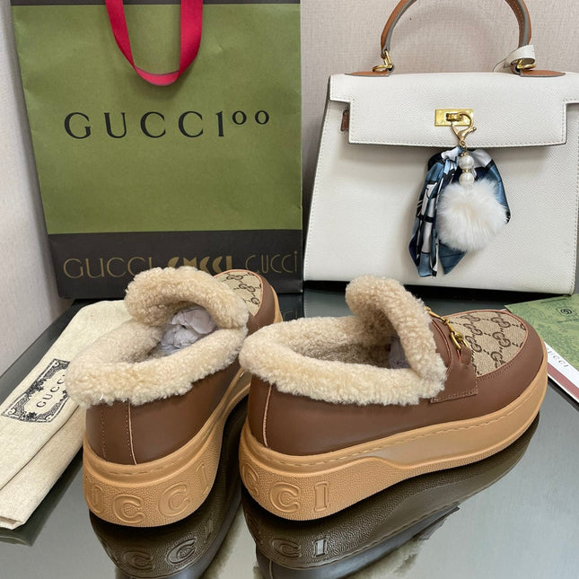 GG LOAFER IN PEANUT BROWN JACQUARD AND CHOCOLATE BROWN CALFSKIN WITH BEIGE WOOL LINING