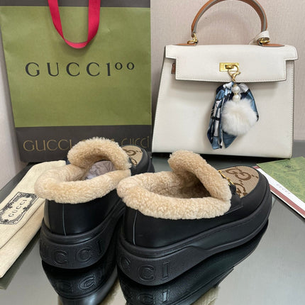 GG LOAFER IN PEANUT BROWN JACQUARD AND BLACK CALFSKIN WITH BEIGE WOOL LINING