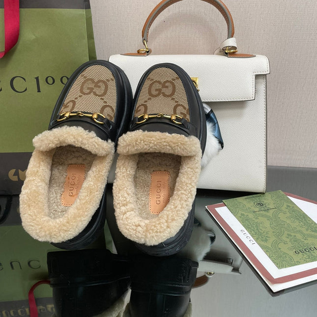 GG LOAFER IN PEANUT BROWN JACQUARD AND BLACK CALFSKIN WITH BEIGE WOOL LINING