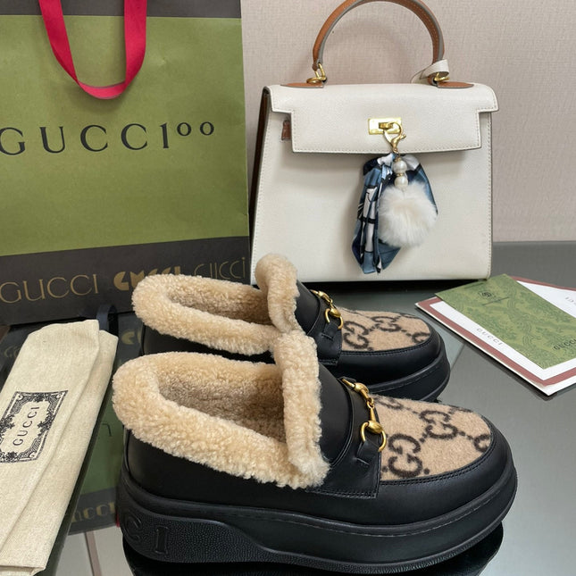 GG LOAFER IN CAMEL BROWN JACQUARD AND BLACK CALFSKIN WITH BEIGE WOOL LINING