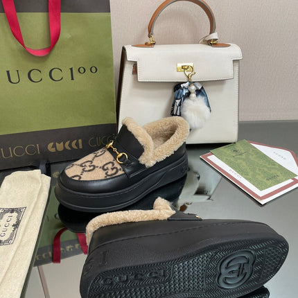 GG LOAFER IN CAMEL BROWN JACQUARD AND BLACK CALFSKIN WITH BEIGE WOOL LINING