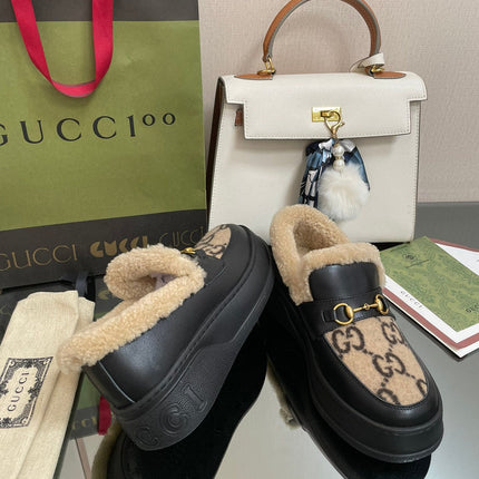 GG LOAFER IN CAMEL BROWN JACQUARD AND BLACK CALFSKIN WITH BEIGE WOOL LINING