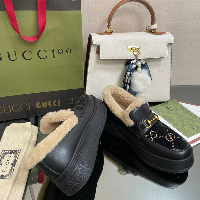 GG LOAFER IN BLACK JACQUARD AND CALFSKIN WITH BEIGE WOOL LINING