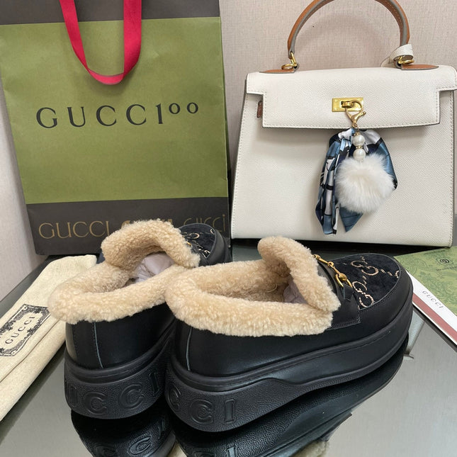 GG LOAFER IN BLACK JACQUARD AND CALFSKIN WITH BEIGE WOOL LINING