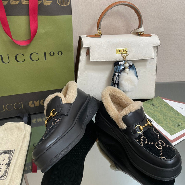 GG LOAFER IN BLACK JACQUARD AND CALFSKIN WITH BEIGE WOOL LINING
