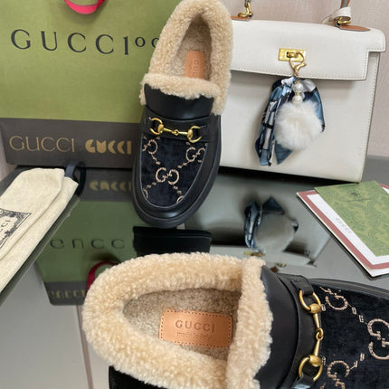 GG LOAFER IN BLACK JACQUARD AND CALFSKIN WITH BEIGE WOOL LINING