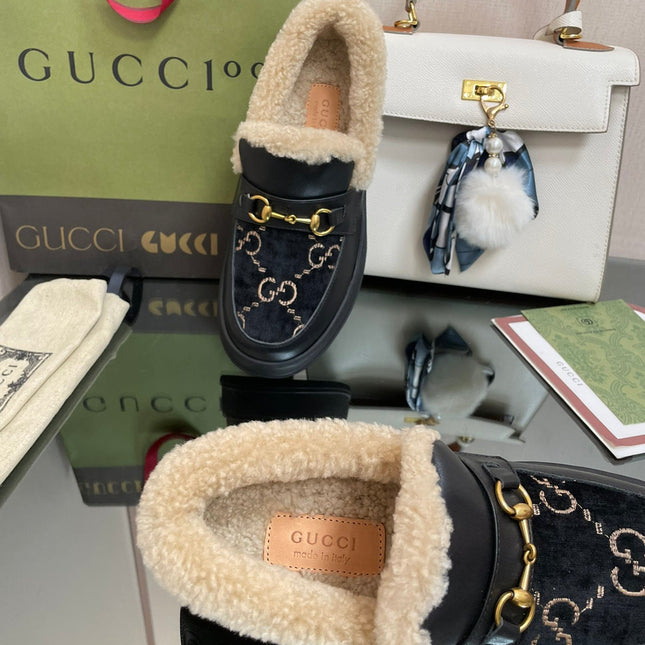 GG LOAFER IN BLACK JACQUARD AND CALFSKIN WITH BEIGE WOOL LINING