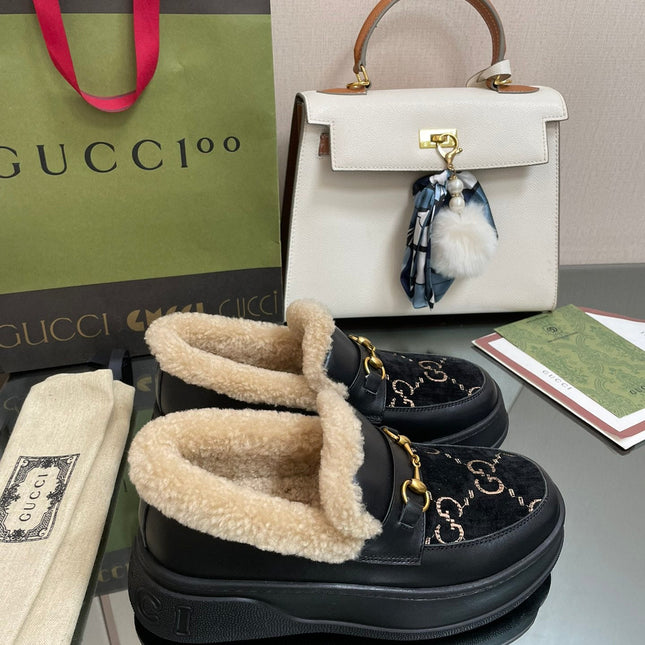 GG LOAFER IN BLACK JACQUARD AND CALFSKIN WITH BEIGE WOOL LINING