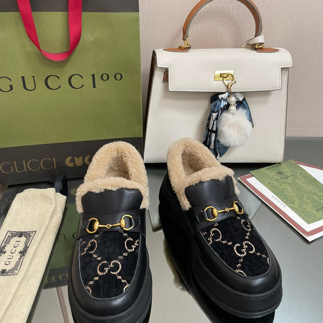 GG LOAFER IN BLACK JACQUARD AND CALFSKIN WITH BEIGE WOOL LINING