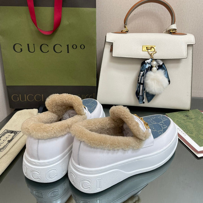 GG LOAFER IN BLUE JACQUARD MIX WHITE CALFSKIN WITH BEIGE WOOL LINING