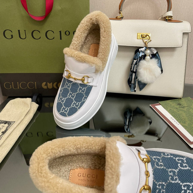 GG LOAFER IN BLUE JACQUARD MIX WHITE CALFSKIN WITH BEIGE WOOL LINING