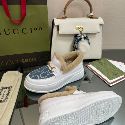 GG LOAFER IN BLUE JACQUARD MIX WHITE CALFSKIN WITH BEIGE WOOL LINING