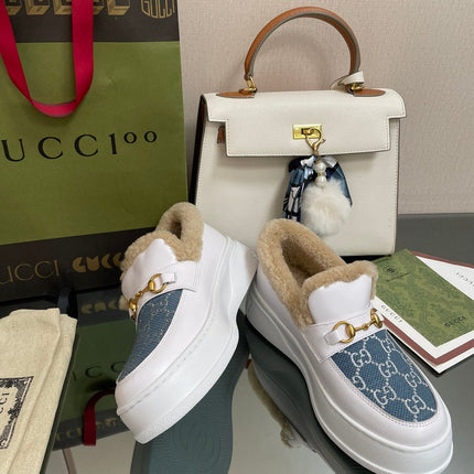 GG LOAFER IN BLUE JACQUARD MIX WHITE CALFSKIN WITH BEIGE WOOL LINING