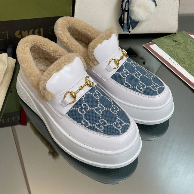 GG LOAFER IN BLUE JACQUARD MIX WHITE CALFSKIN WITH BEIGE WOOL LINING