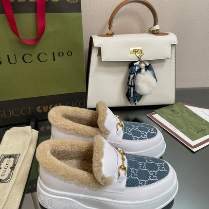 GG LOAFER IN BLUE JACQUARD MIX WHITE CALFSKIN WITH BEIGE WOOL LINING