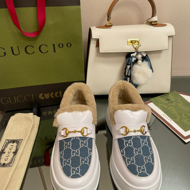 GG LOAFER IN BLUE JACQUARD MIX WHITE CALFSKIN WITH BEIGE WOOL LINING