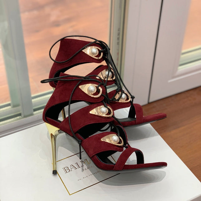 BALMAIN 25S HIGH HEELS 95MM IN OXBLOOD SUEDE WITH PEARL
