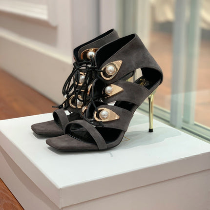 BALMAIN 25S HIGH HEELS 95MM IN CHARCOAL BROWN SUEDE WITH PEARL