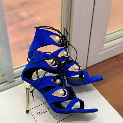 BALMAIN 25S HIGH HEELS 95MM IN DARK BLUE SUEDE WITH PEARL