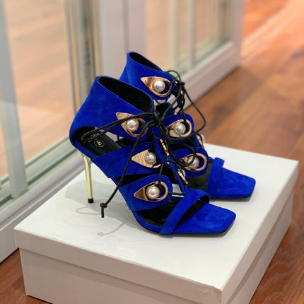 BALMAIN 25S HIGH HEELS 95MM IN DARK BLUE SUEDE WITH PEARL