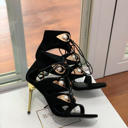 BALMAIN 25S HIGH HEELS 95MM IN BLACK SUEDE WITH PEARL