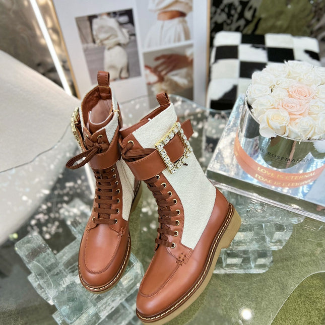 VIV' RANGERS STRASS BUCKLE BOOTS IN BROWN CALFSKIN AND WHITE FABRICS