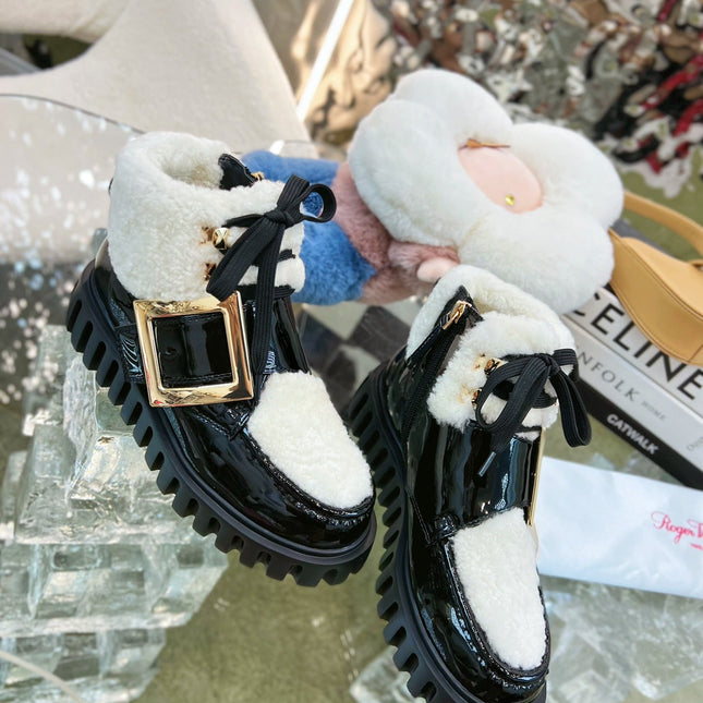 VIV' GO THICK ANKLE BOOTS IN BLACK CALFSKIN AND SHEARLING WITH GOLD BUCKLE