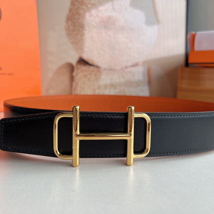 HM ROYAL BELT BUCKLE & REVERSIBLE NOIR AND ORANGE LEATHER STRAP 32 MM GOLD HARDWARE