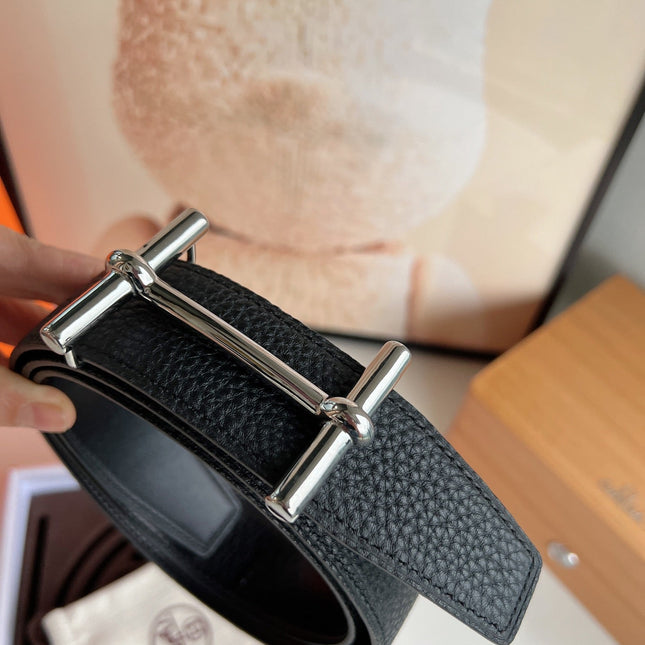 HM H D'ANCRE BELT BUCKLE & REVERSIBLE BLACK LEATHER STRAP 38 MM SILVER HARDWARE