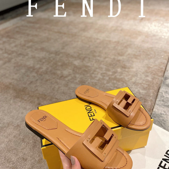 FENDI BAGUETTE SLIDES IN  COPPER BROWN LAMBSKIN