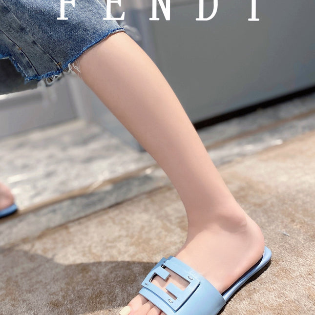 FENDI BAGUETTE SLIDES IN  BABY BLUE LAMBSKIN