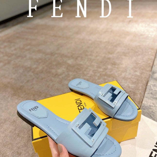 FENDI BAGUETTE SLIDES IN  BABY BLUE LAMBSKIN