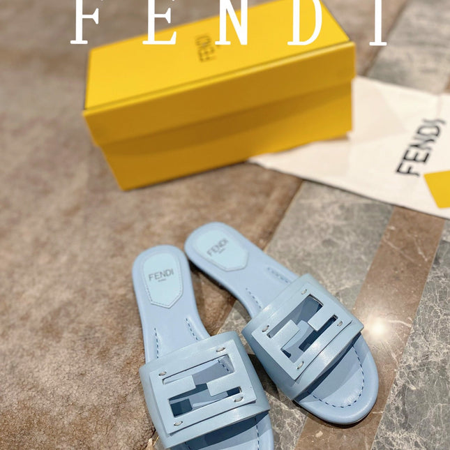 FENDI BAGUETTE SLIDES IN  BABY BLUE LAMBSKIN