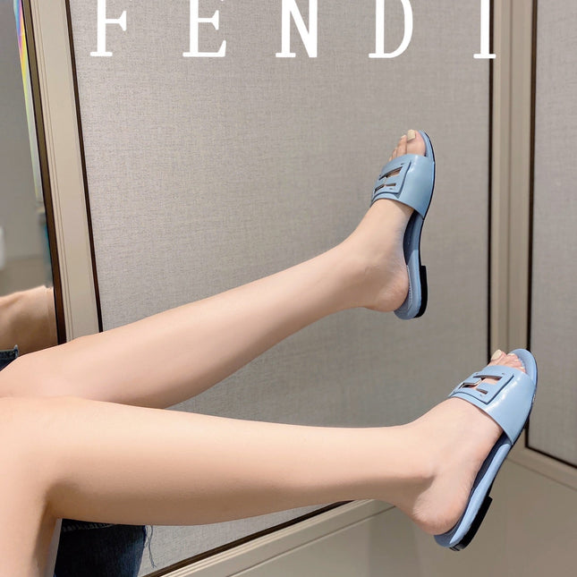 FENDI BAGUETTE SLIDES IN  BABY BLUE LAMBSKIN