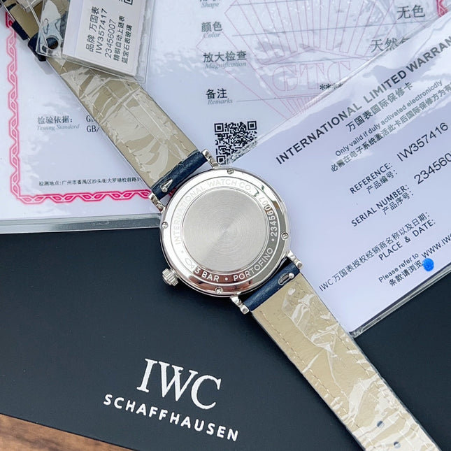 PORTOFINO AUTOMATIC 34 WATCH SILVER CASE WITH NAVY BLUE LEATHER STRAP AND WHITE DIAL