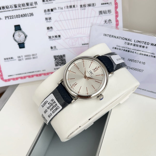 PORTOFINO AUTOMATIC 34 WATCH SILVER CASE WITH NAVY BLUE LEATHER STRAP AND WHITE DIAL