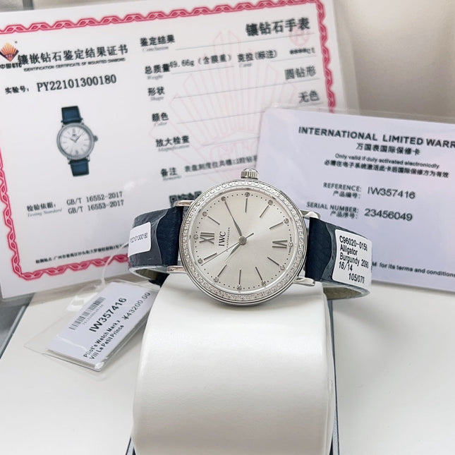 PORTOFINO AUTOMATIC 34 WATCH SILVER CASE WITH NAVY BLUE LEATHER STRAP AND WHITE DIAL