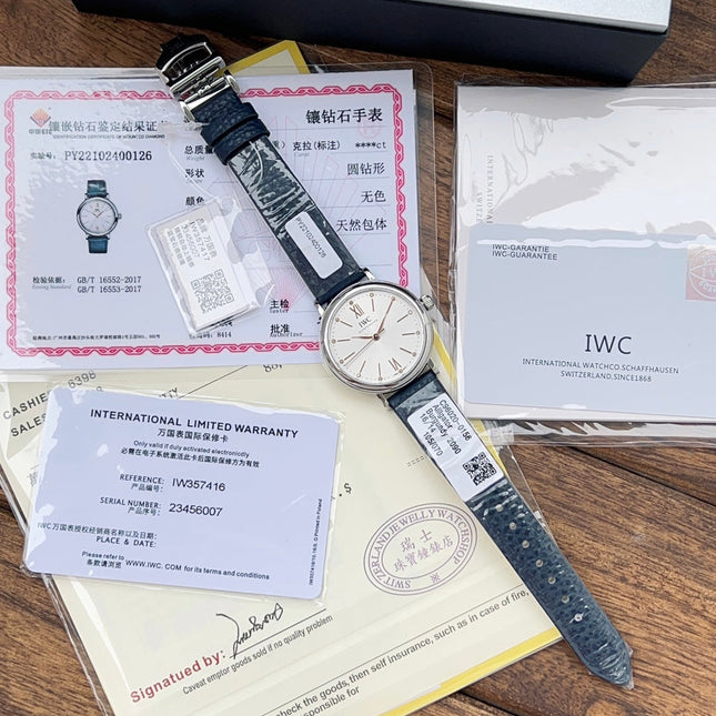 PORTOFINO AUTOMATIC 34 WATCH SILVER CASE WITH NAVY BLUE LEATHER STRAP AND WHITE DIAL