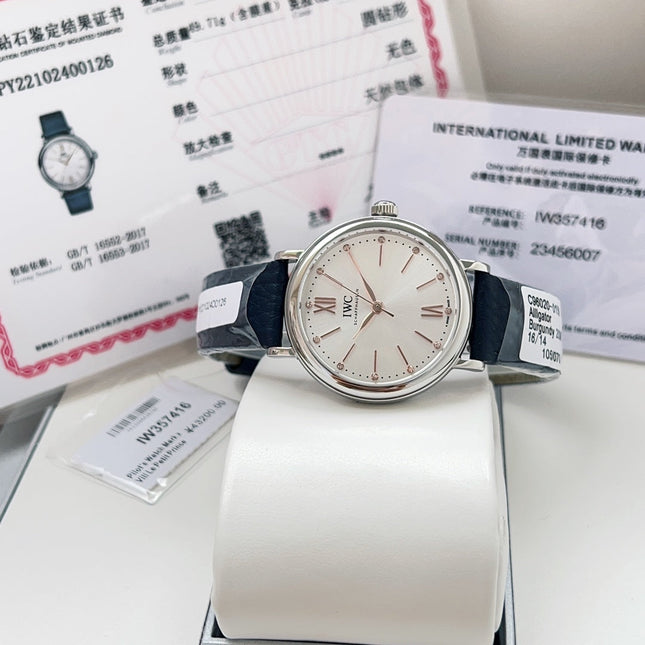 PORTOFINO AUTOMATIC 34 WATCH SILVER CASE WITH NAVY BLUE LEATHER STRAP AND WHITE DIAL