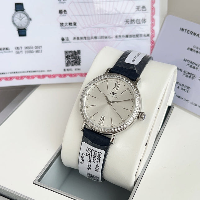 PORTOFINO AUTOMATIC 34 WATCH SILVER CASE WITH NAVY BLUE LEATHER STRAP AND WHITE DIAL