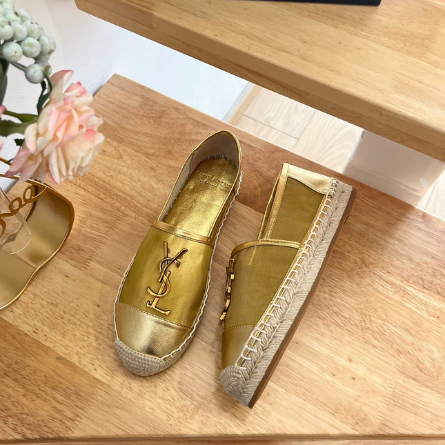 SL YVES LOGO SLIP ON METALLIC GOLD CALFSKIN AND MESH