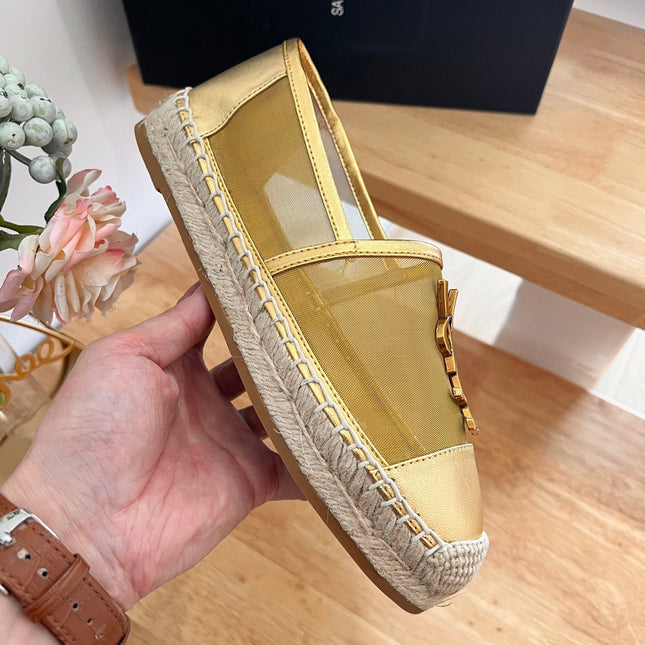 SL YVES LOGO SLIP ON METALLIC GOLD CALFSKIN AND MESH