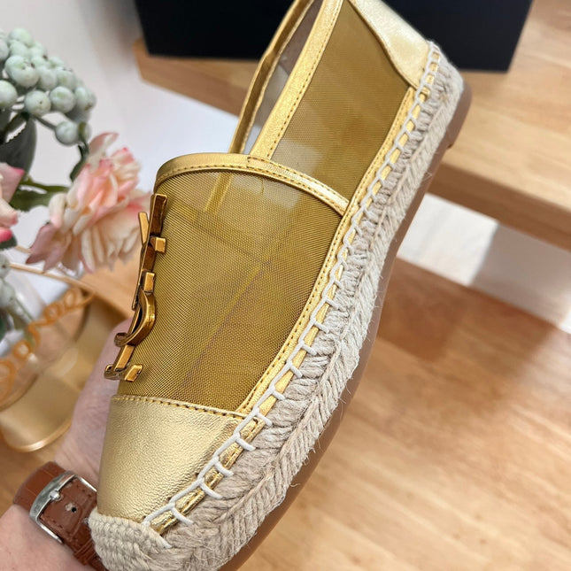 SL YVES LOGO SLIP ON METALLIC GOLD CALFSKIN AND MESH