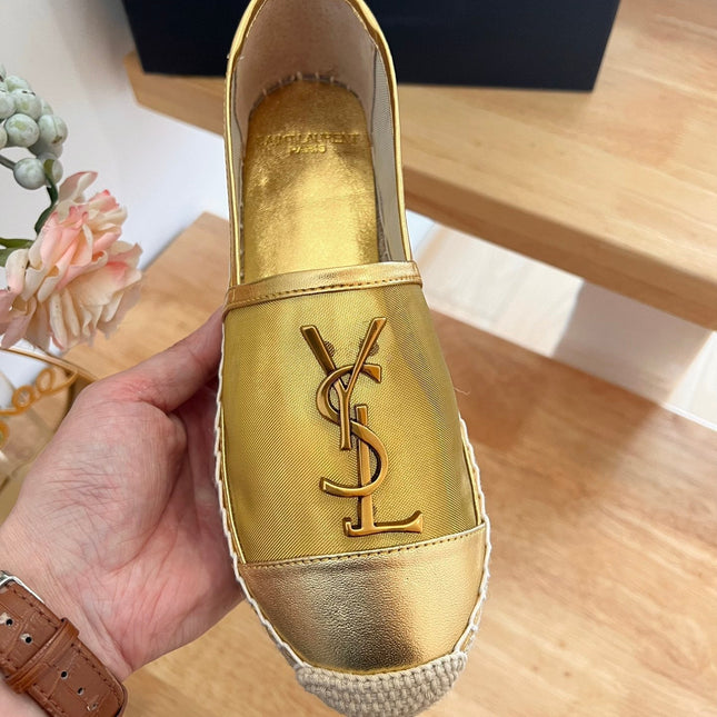 SL YVES LOGO SLIP ON METALLIC GOLD CALFSKIN AND MESH