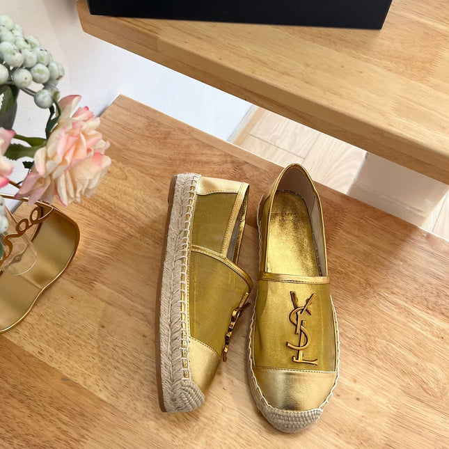 SL YVES LOGO SLIP ON METALLIC GOLD CALFSKIN AND MESH