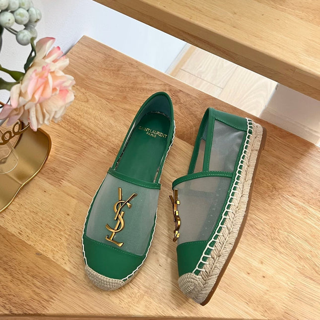 SL YVES LOGO SLIP ON DARK GREEN CALFSKIN AND MESH