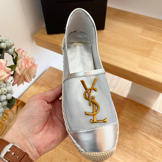 SL YVES LOGO SLIP ON SILVER CALFSKIN AND MESH