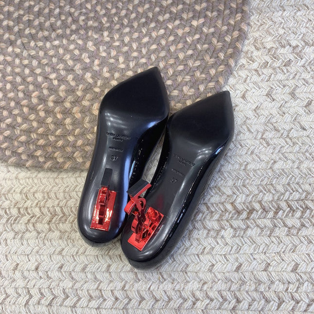 OPYUM RED HEEL PUMPS IN BLACK GLOSSY CALFSKIN